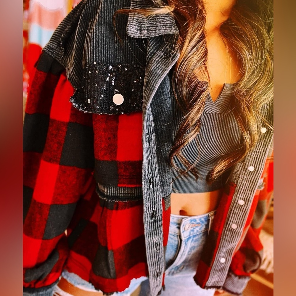 Patchwork Sequin Buffalo Plaid Corduroy Flannel S… - image 1